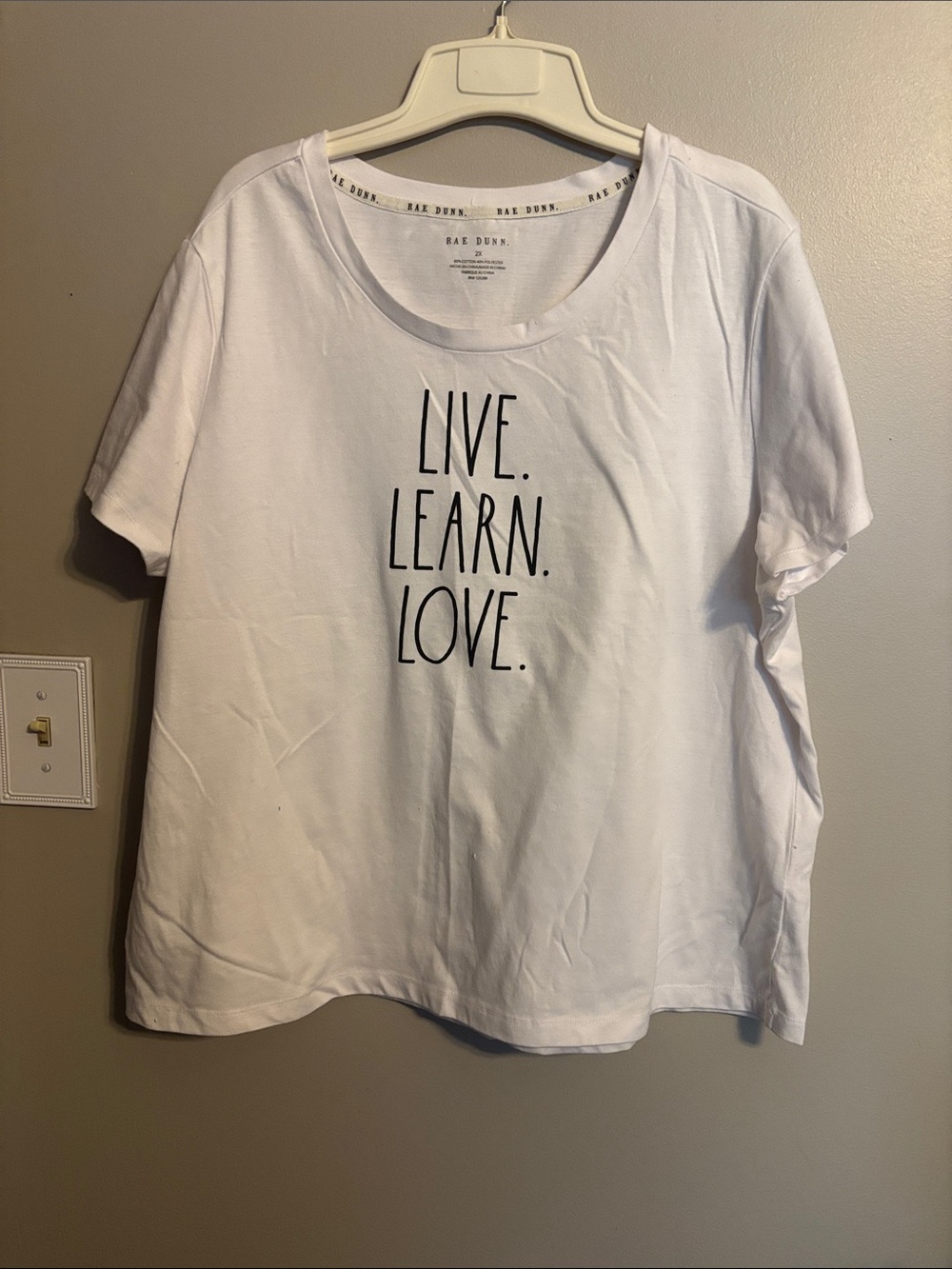 Rae Dunn White Tee with Vertical "Live. Learn. Love." Graphic